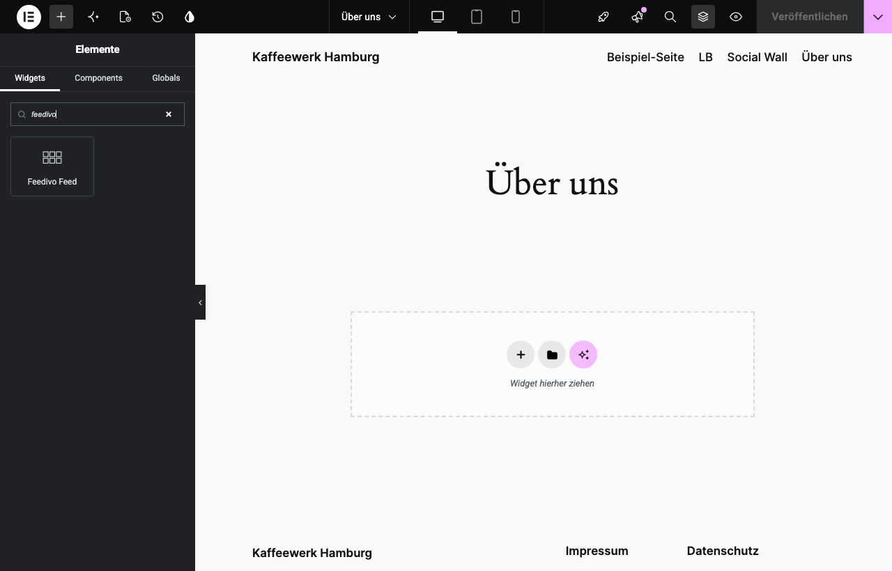 The Elementor widget: search for Feedivo, drag it in, pick a feed.