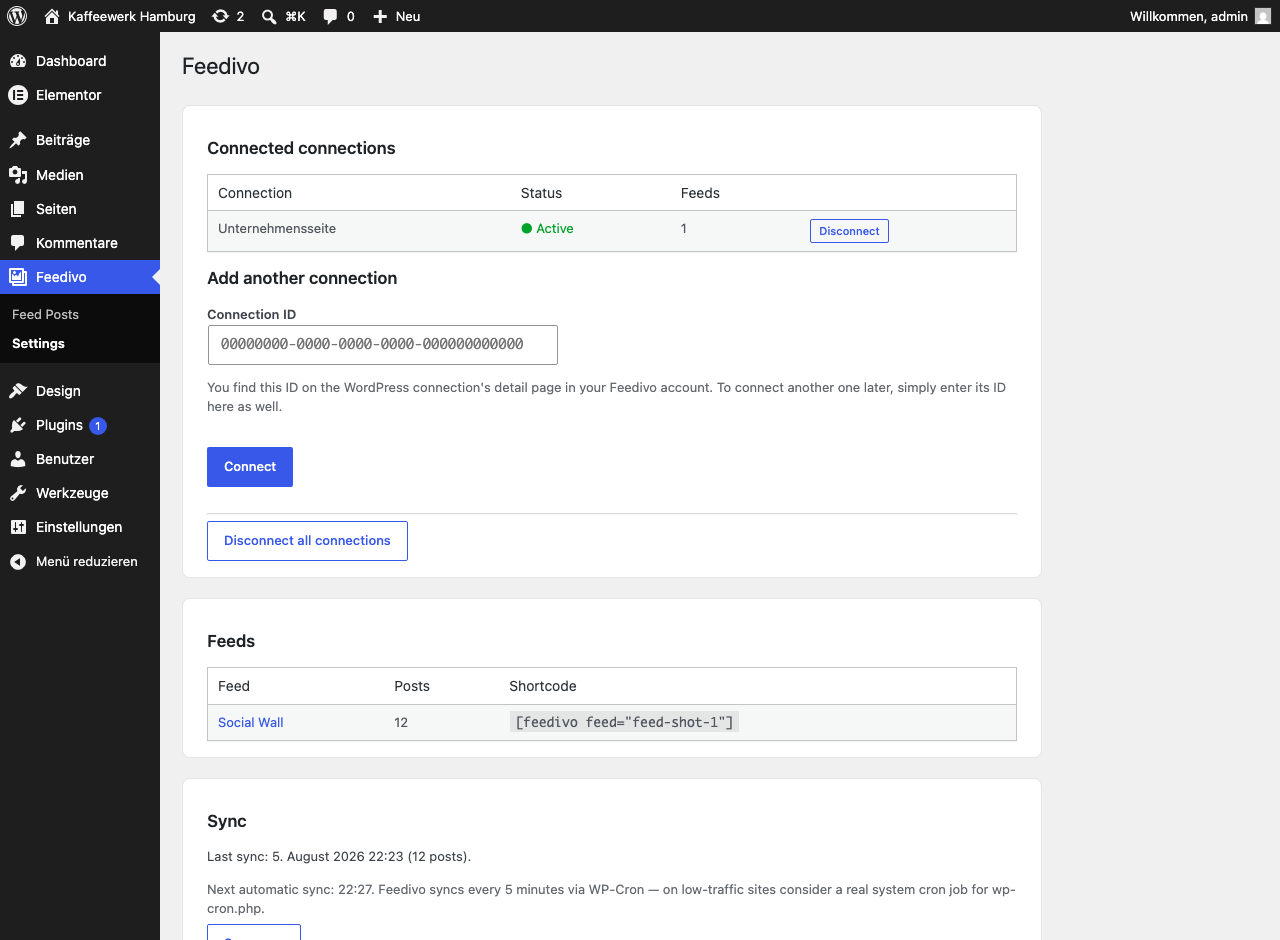 The settings page after connecting: your connections, your feeds and the ready-made shortcode for each one.