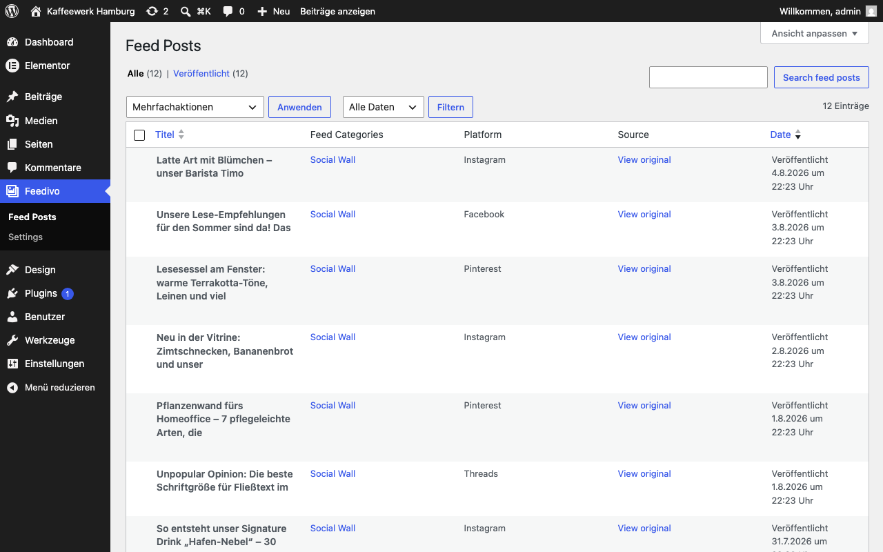 Synced posts in the WordPress admin, with their feed, network and a link to the original.