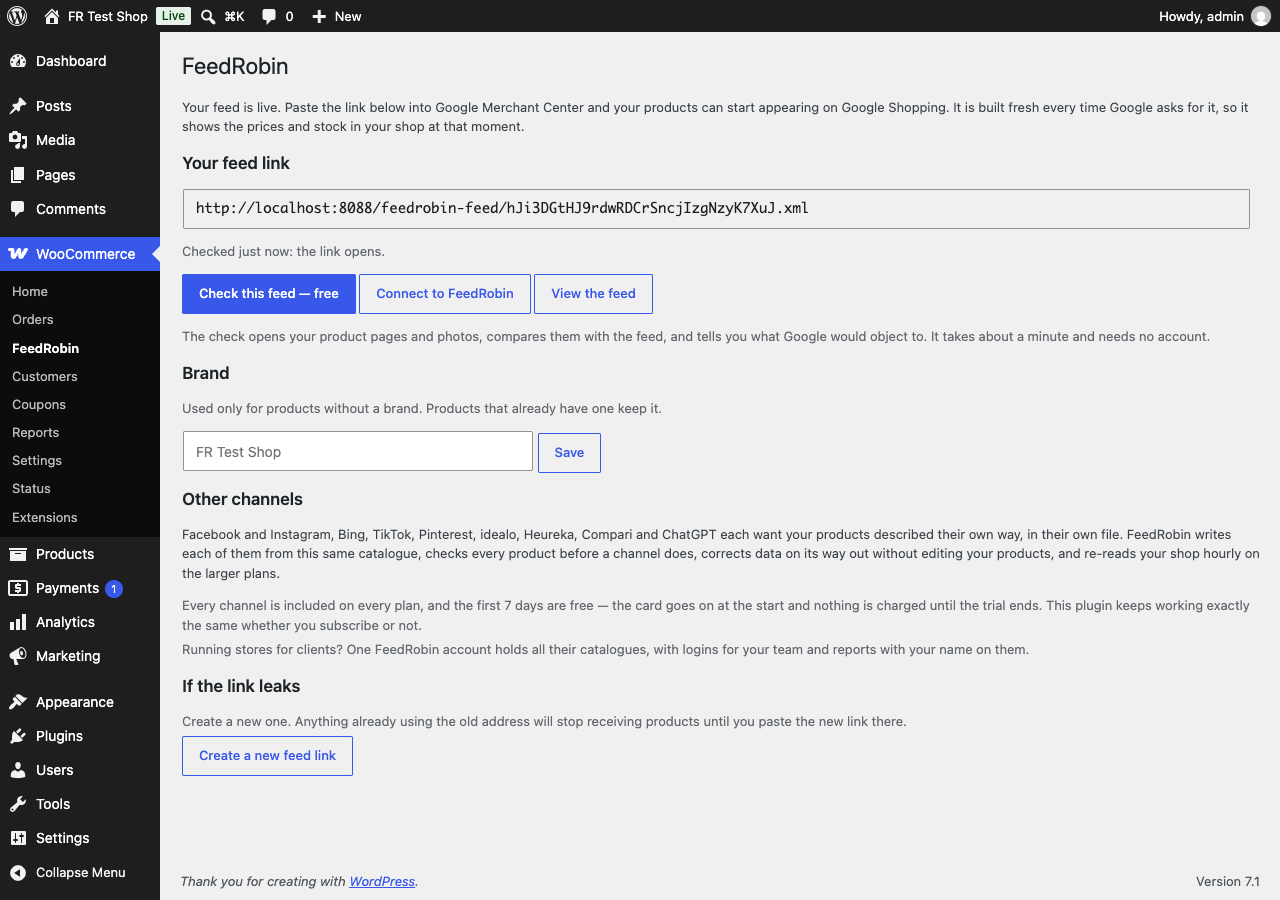 The settings screen: the feed link with the check that it opens, the buttons for the free check and for FeedRobin, and the Brand field.