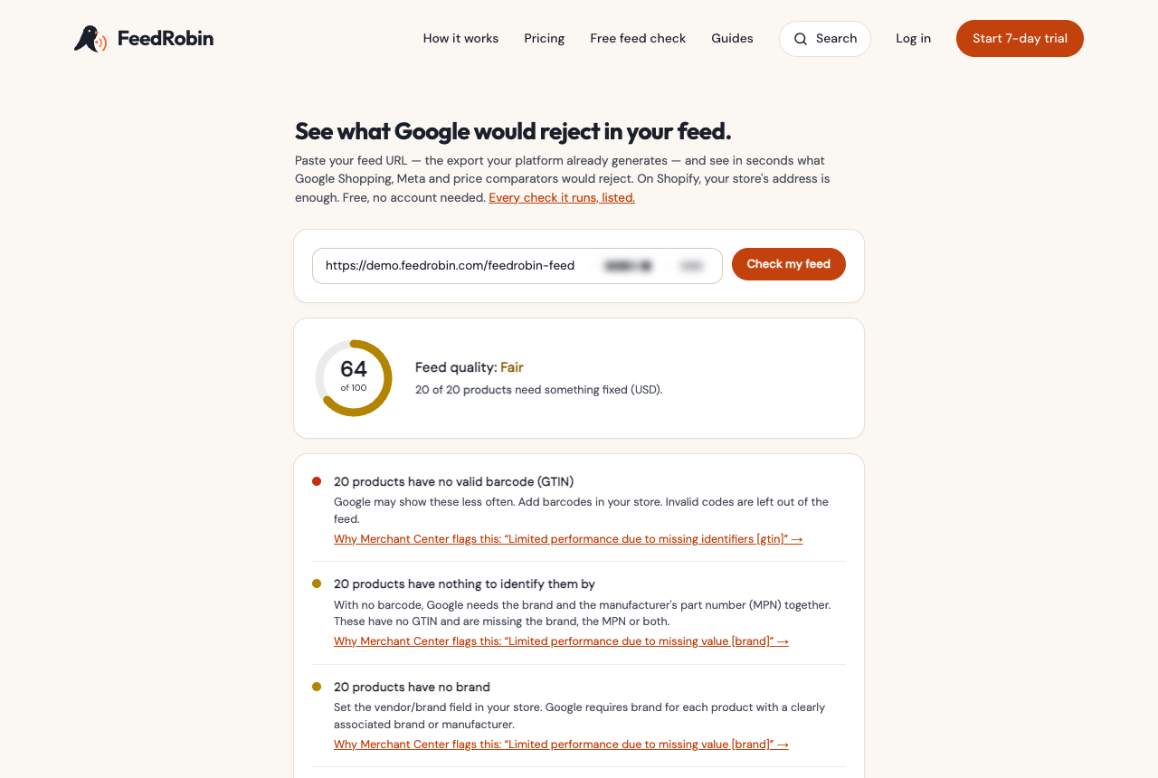 The free feed check on a feed from this plugin, on a WooCommerce demo shop: the score and the issues found, the most serious first.