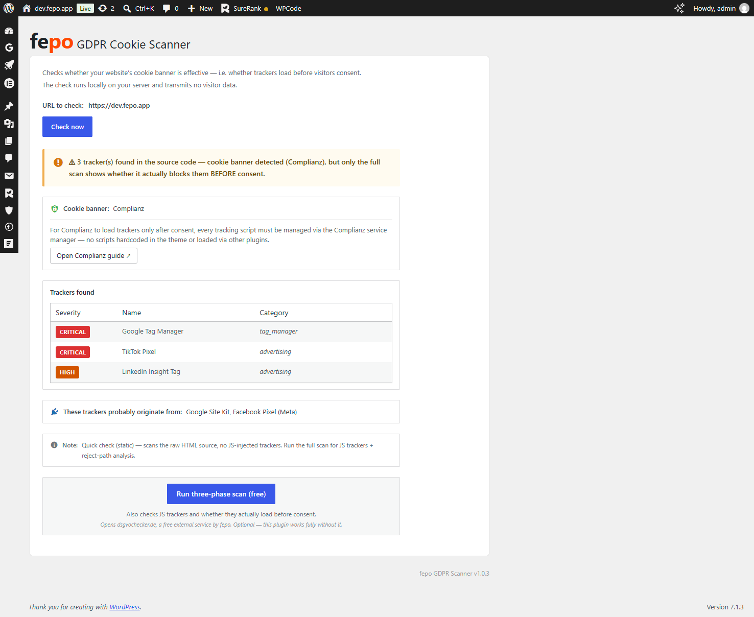 Scan result — traffic-light verdict, the detected cookie banner with its setup guide, and the trackers found in the source code.