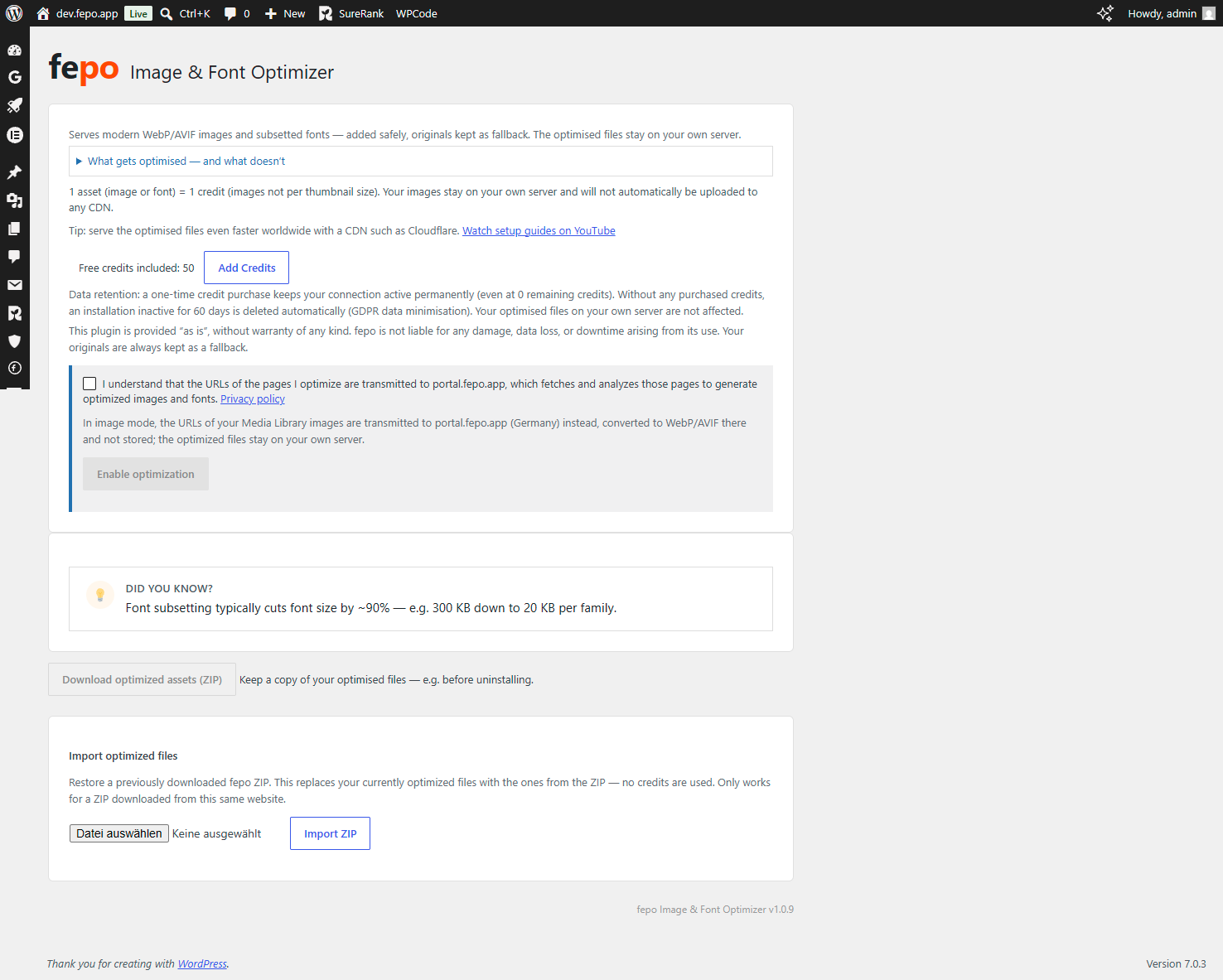 The optimizer page with the consent box and the free-tier balance ("Free credits: X of 50"), in native WP-Admin style.