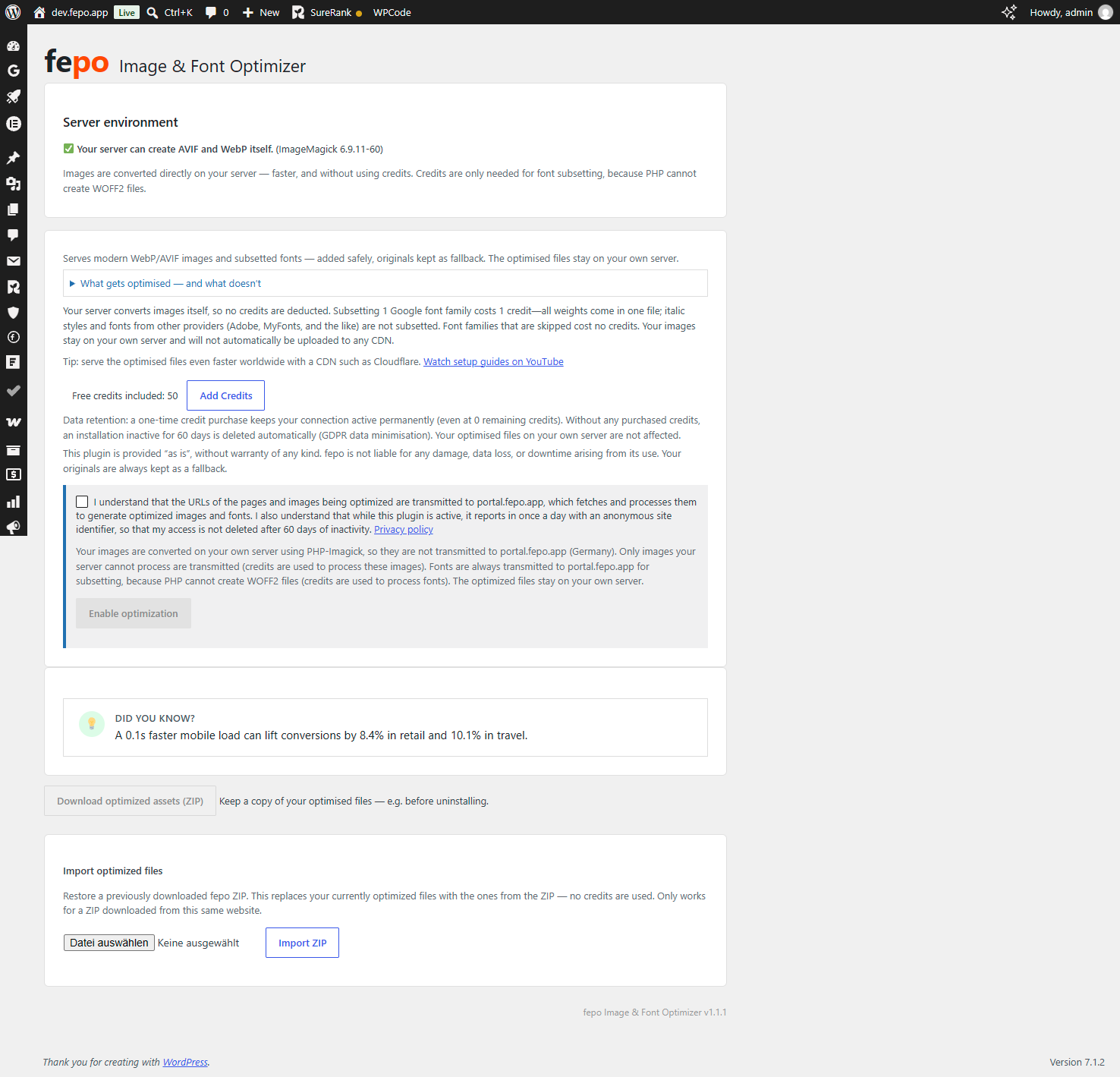 The "Server environment" section — whether your server can create AVIF and WebP itself, and what that means for credits.