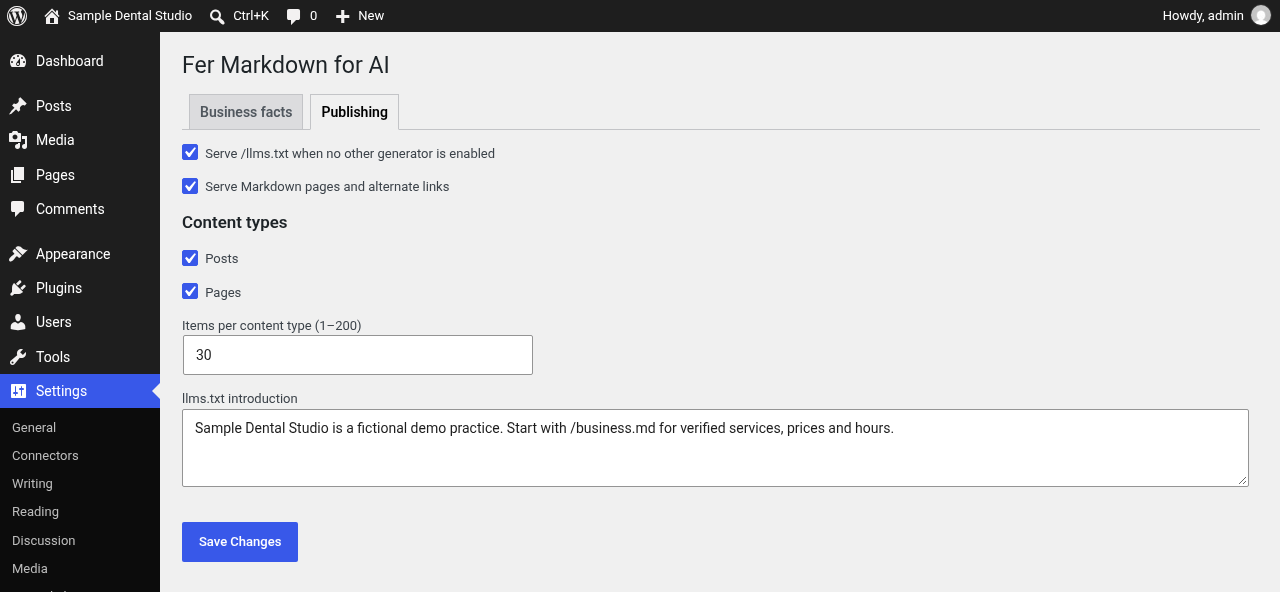 Publishing tab: toggle /llms.txt and Markdown pages, choose content types, set items per type and write an llms.txt introduction.
