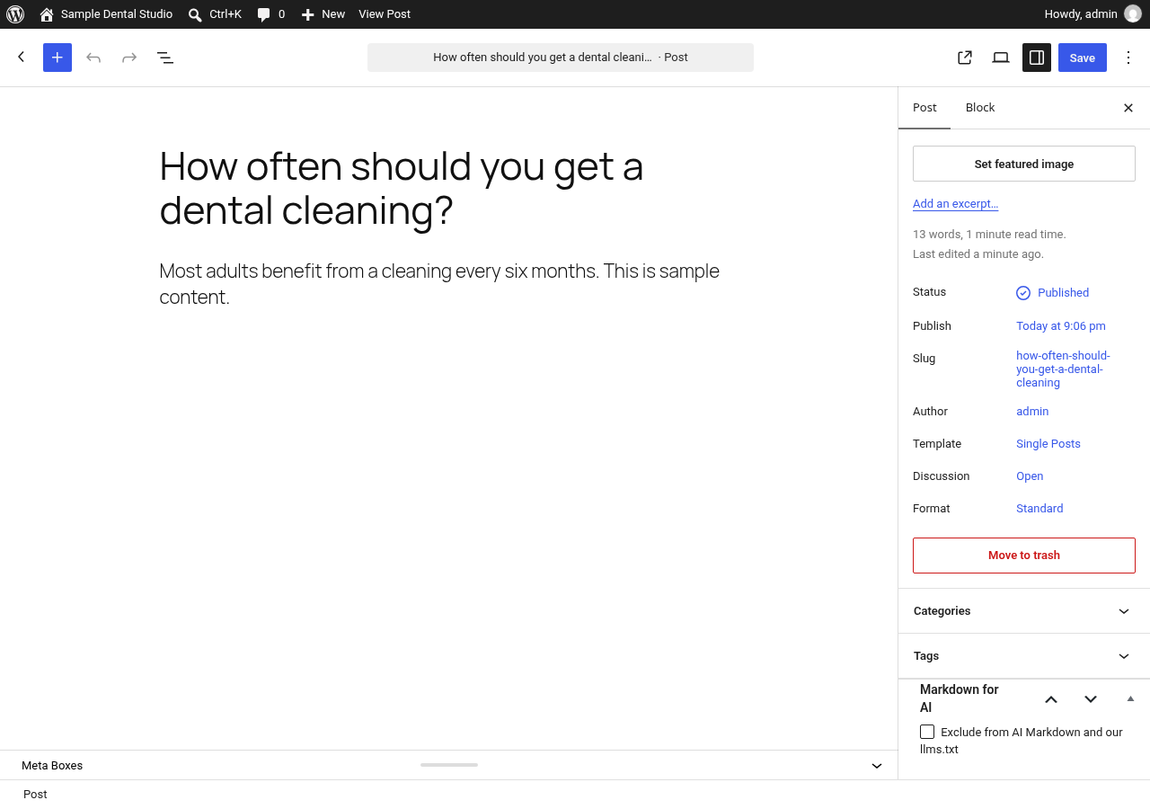 Block editor sidebar: the Markdown for AI box excludes an individual post from Markdown and our llms.txt.