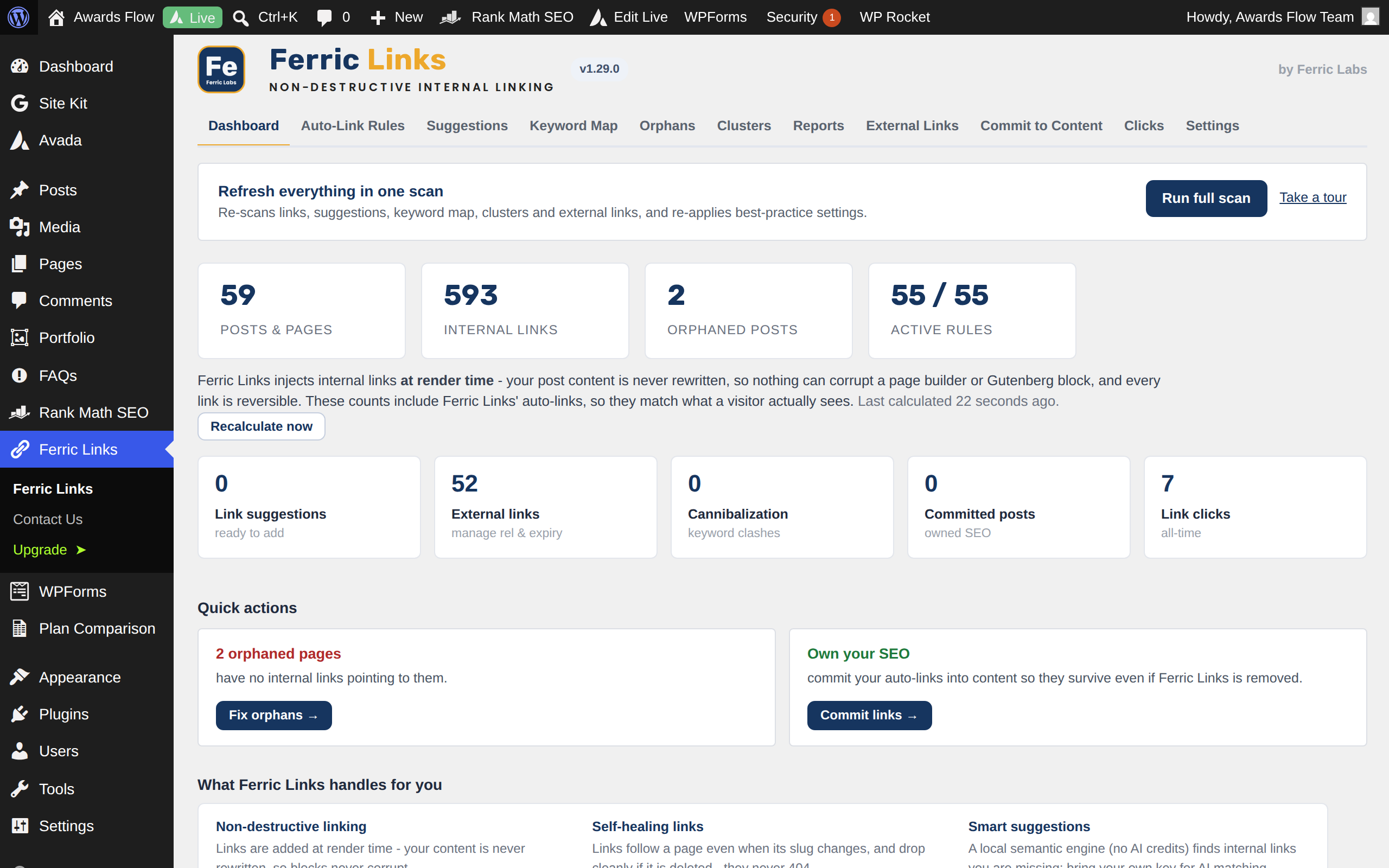 Dashboard - internal-link health at a glance, with the orphan finder.