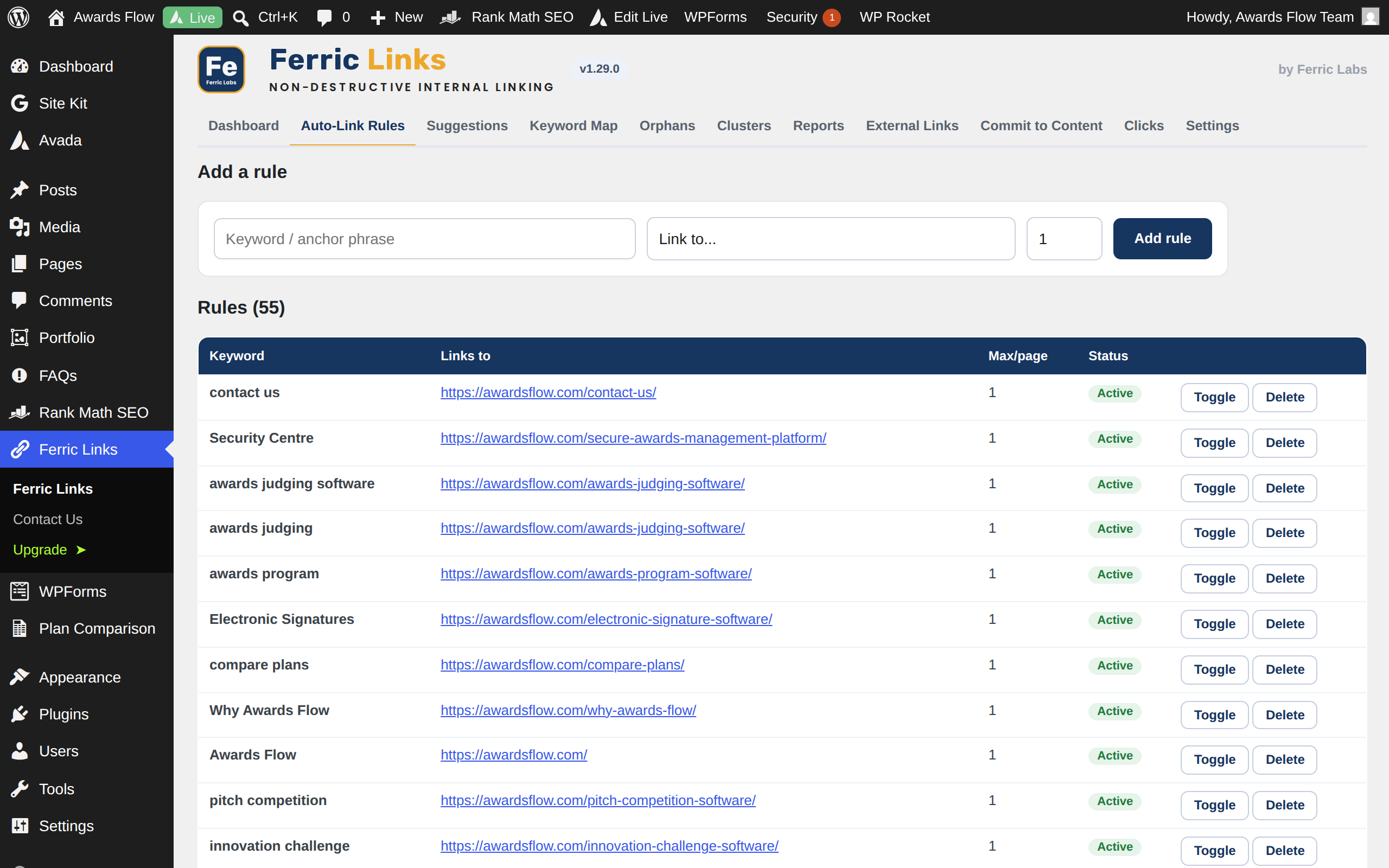 Auto-Link Rules - add a keyword and the page it should link to.