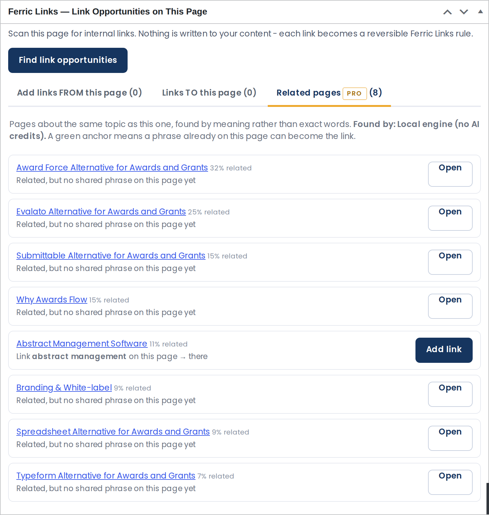 The editor panel suggests links for the page you are writing (semantic related pages shown is part of Pro).