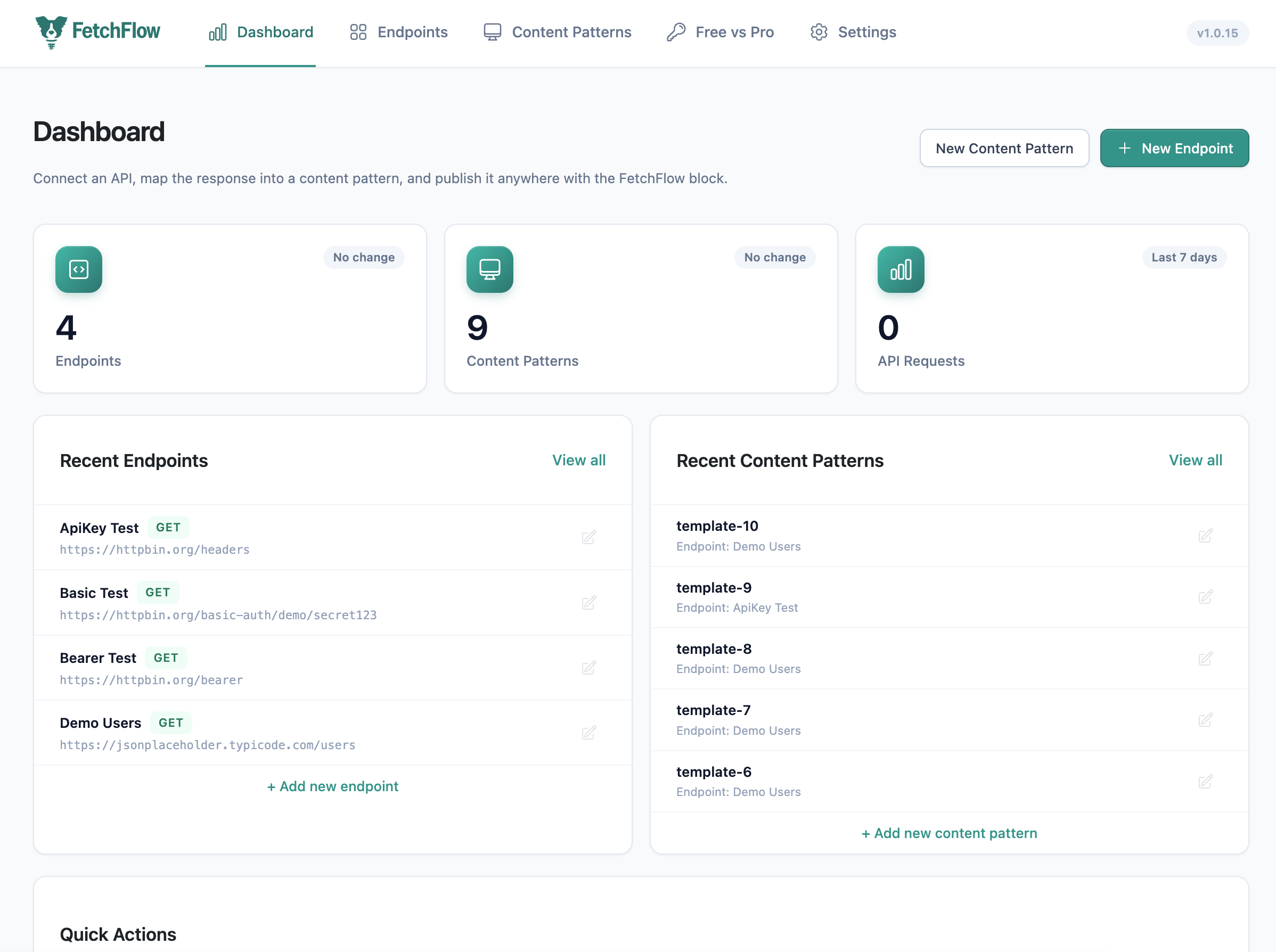 The dashboard shows endpoint, content pattern, and API request counts at a glance, along with your most recent endpoints and patterns.