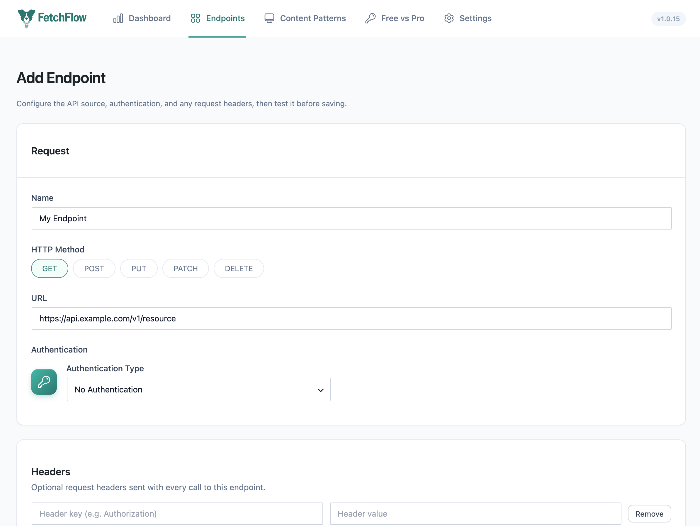Add an endpoint by configuring the API source, HTTP method, authentication type, and any request headers, then test it before saving.