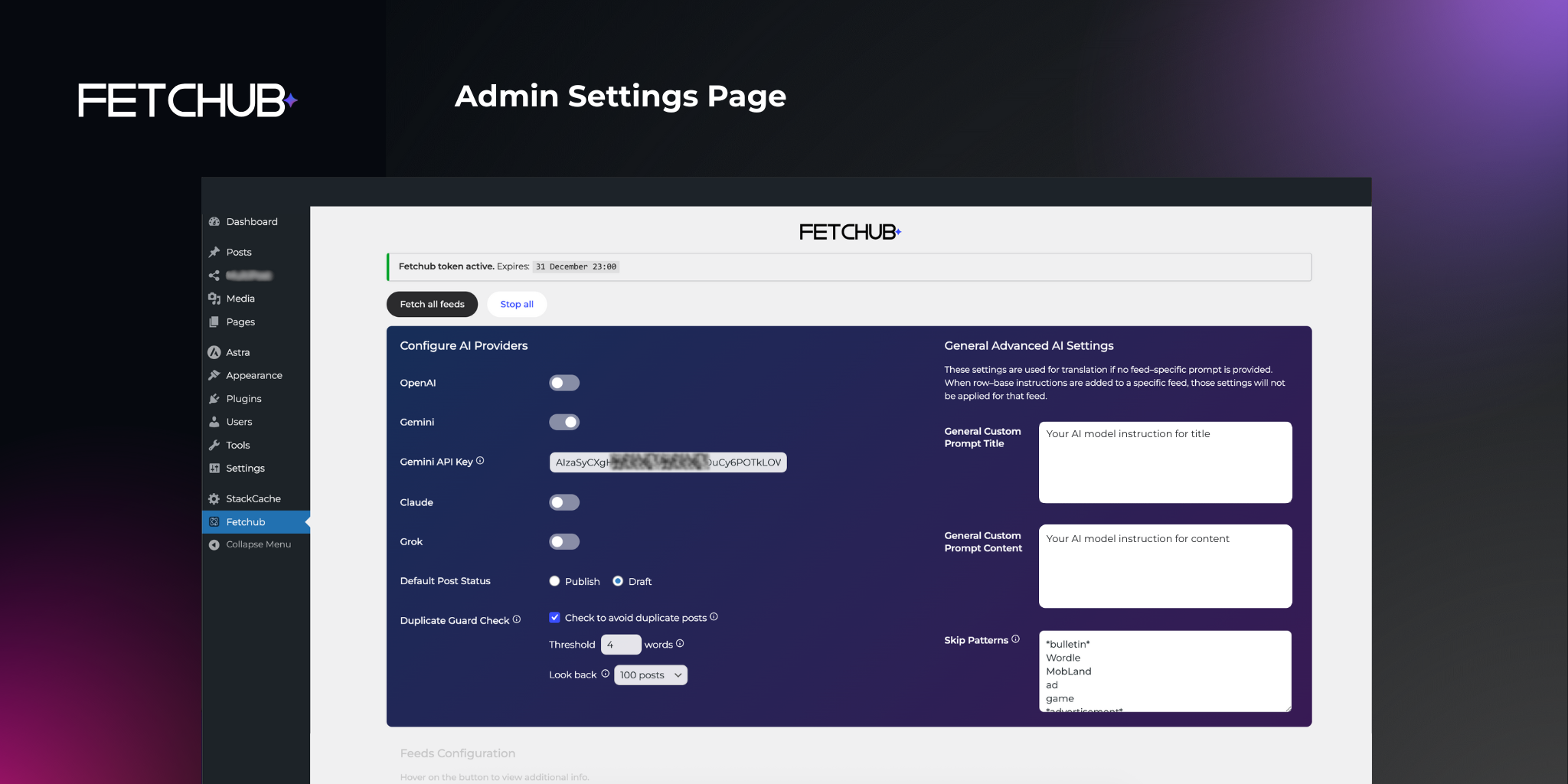 Admin Settings Page – Configure AI providers, API keys, and general settings.
