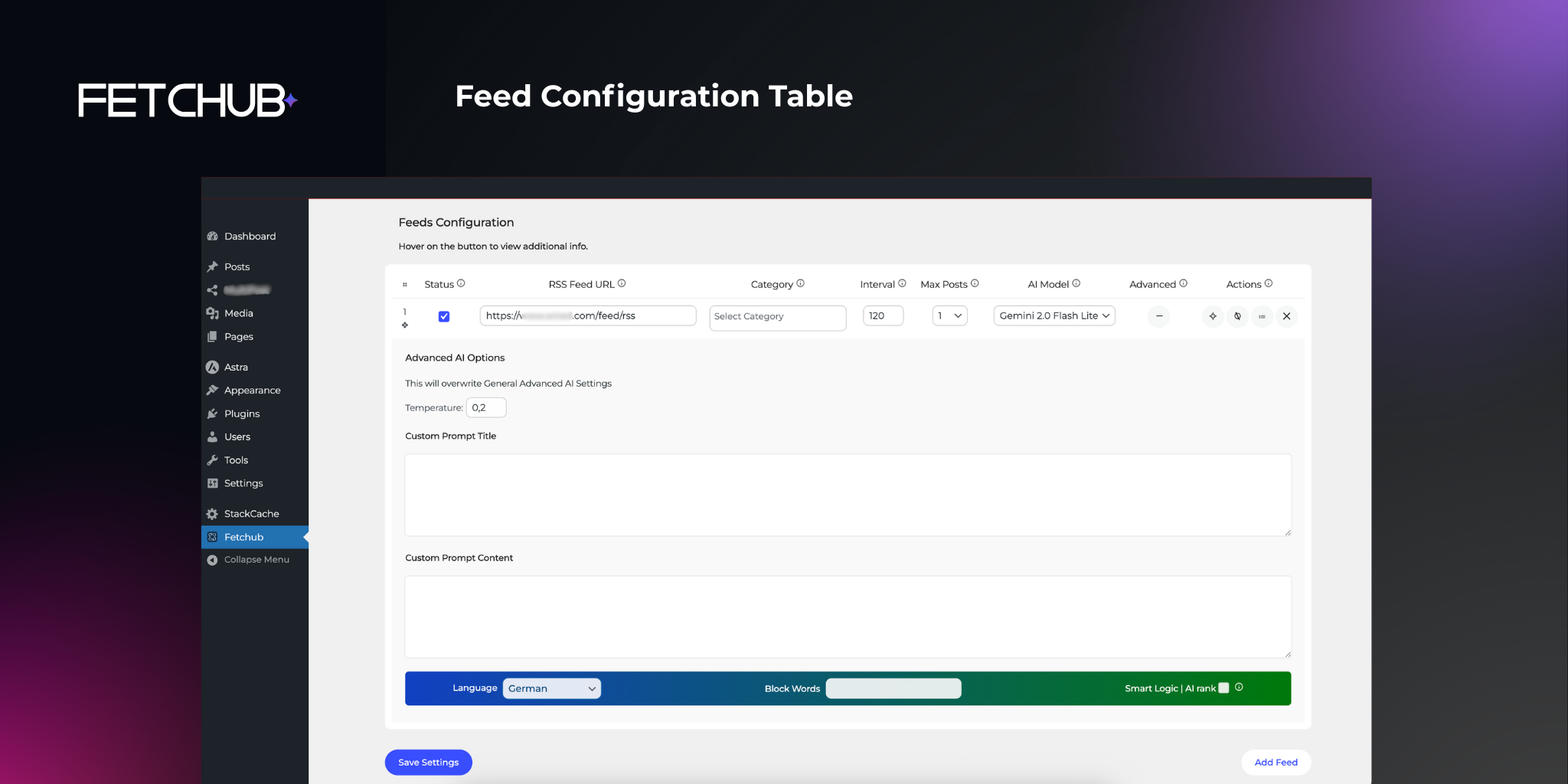 Feed Configuration Table – Manage feeds with options for intervals, AI models, and advanced settings.