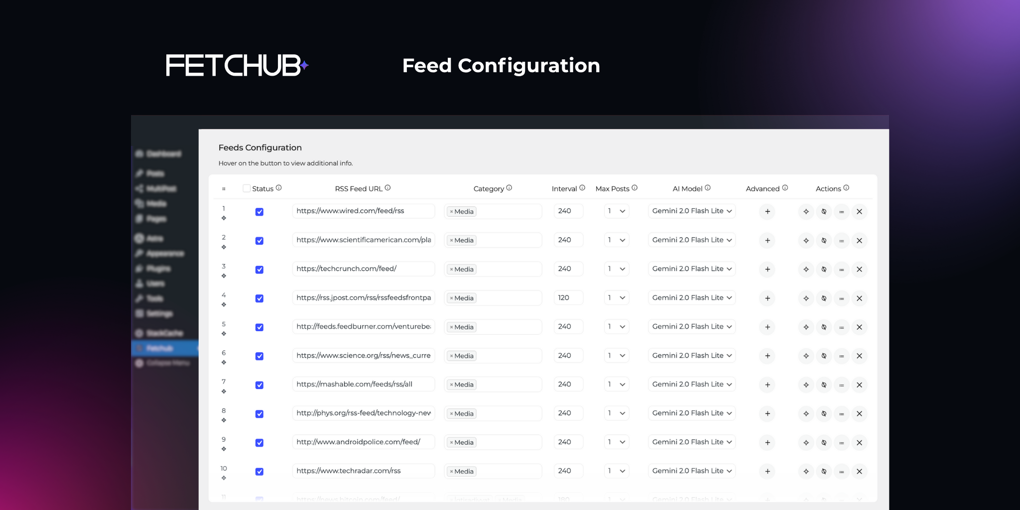 Feed Table – Manage feeds, intervals, prompts, Allow/Block words.