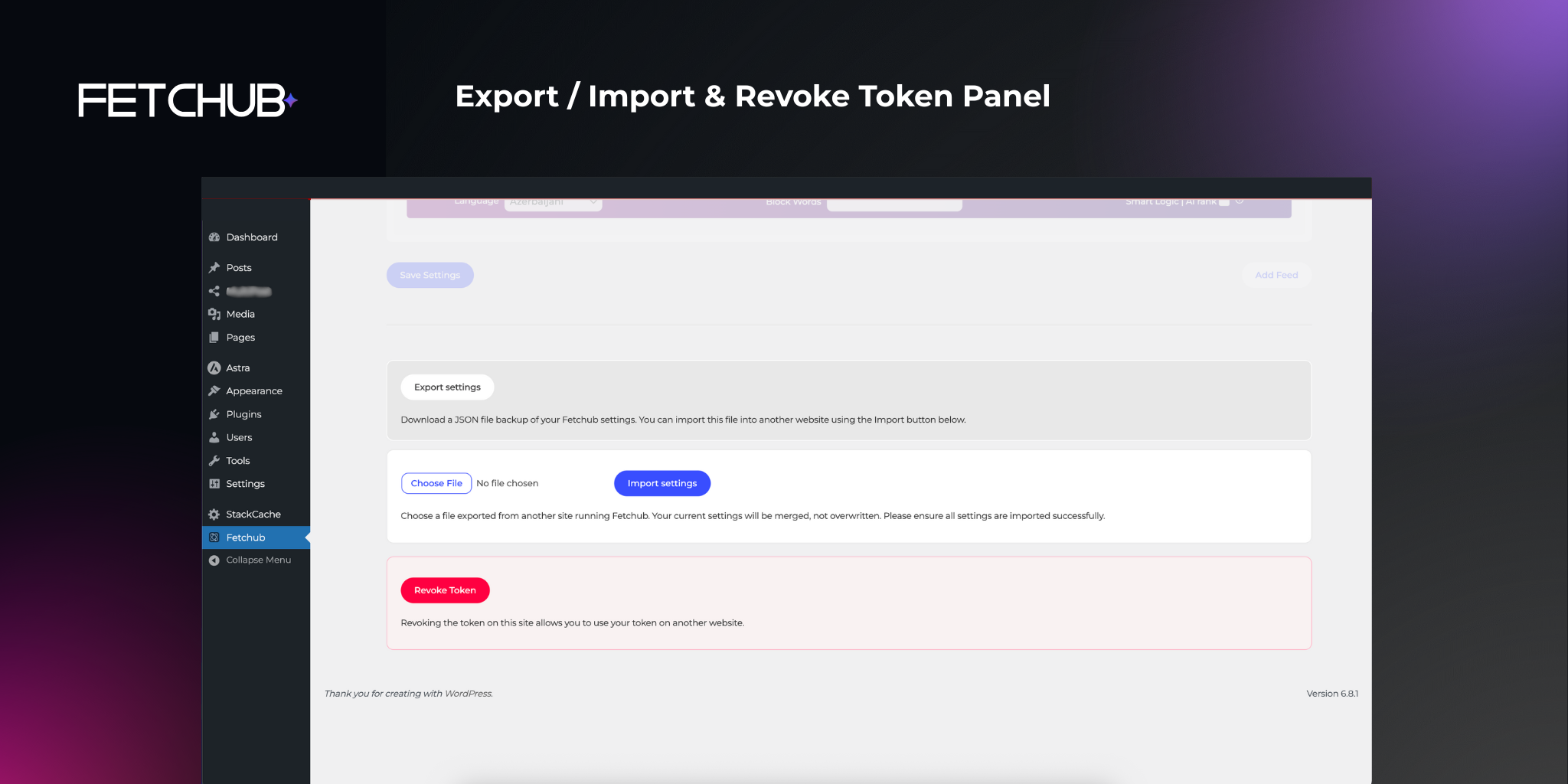 Export / Import &amp; Revoke Token Panel – Backup settings, import JSON, or revoke your token in one place.
