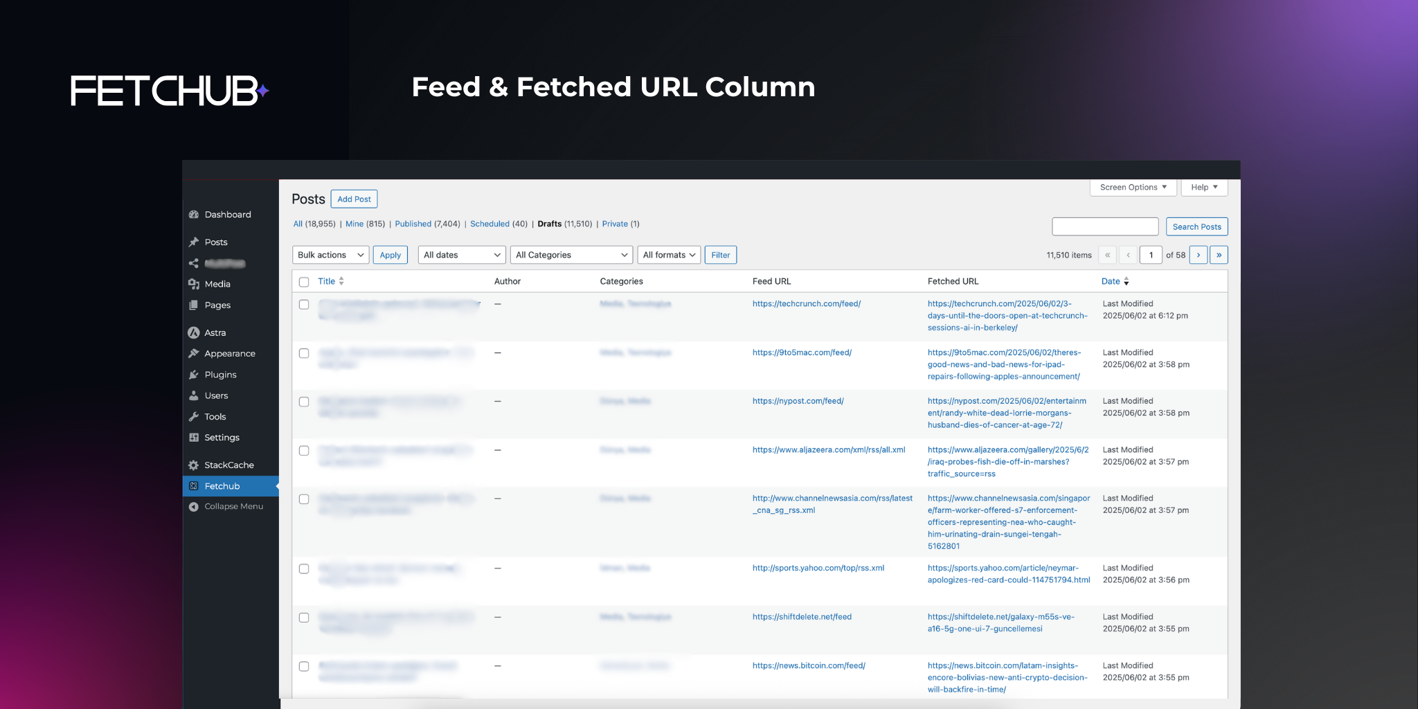 Feed &amp; Fetched URL Column - See the original feed URL  and fetched URL directly in the WordPress Posts list.