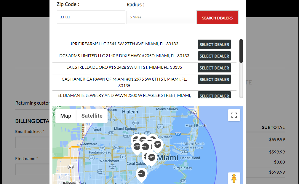 Google map at modal in checkout- how the dealer search result looks in checkout page