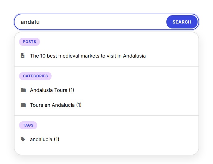 Live autocomplete with posts, categories and tags.