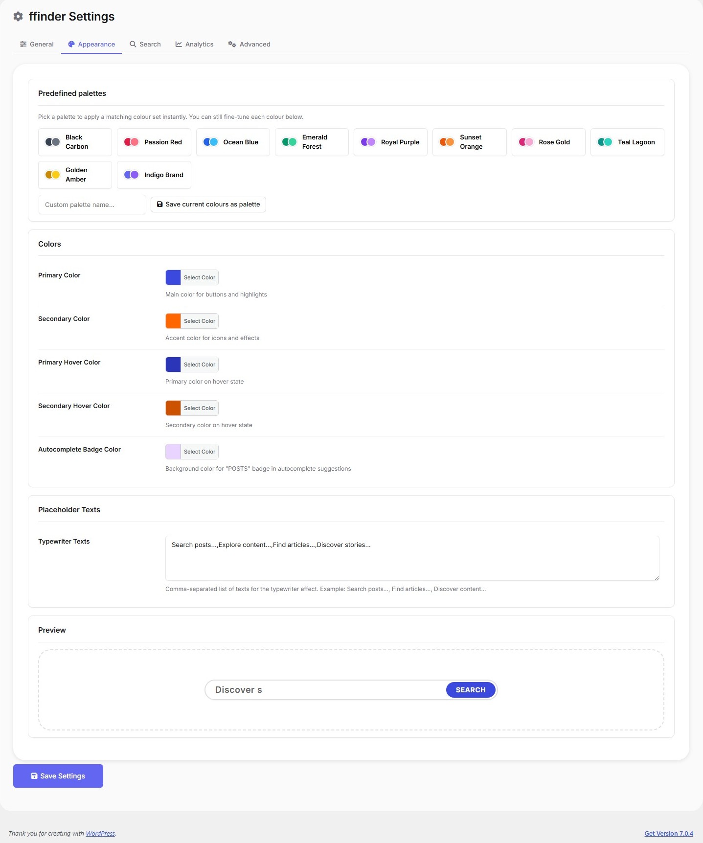 Appearance: ten predefined colour palettes plus your own saved palettes.