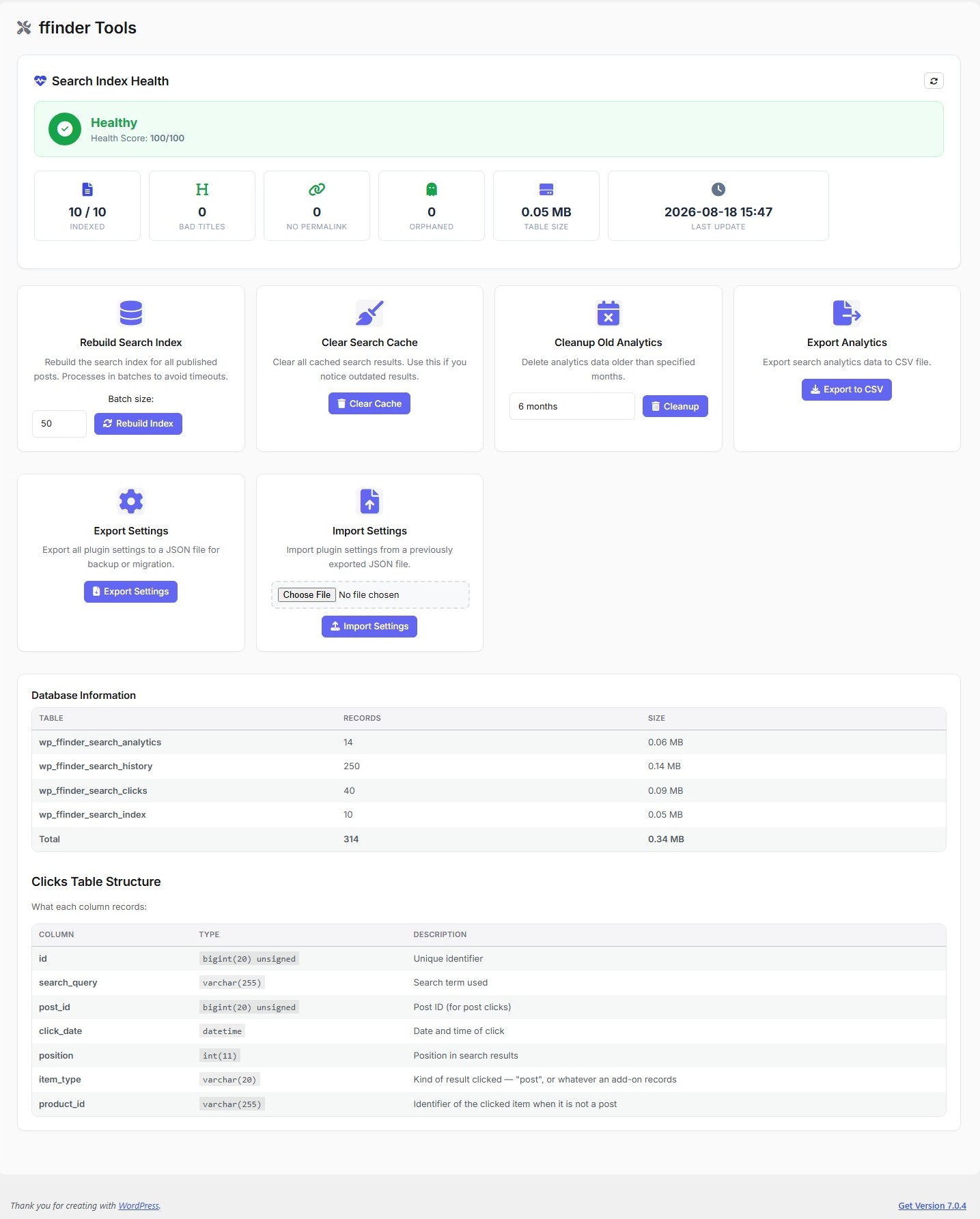 Tools: index health diagnostics and the batched rebuild.
