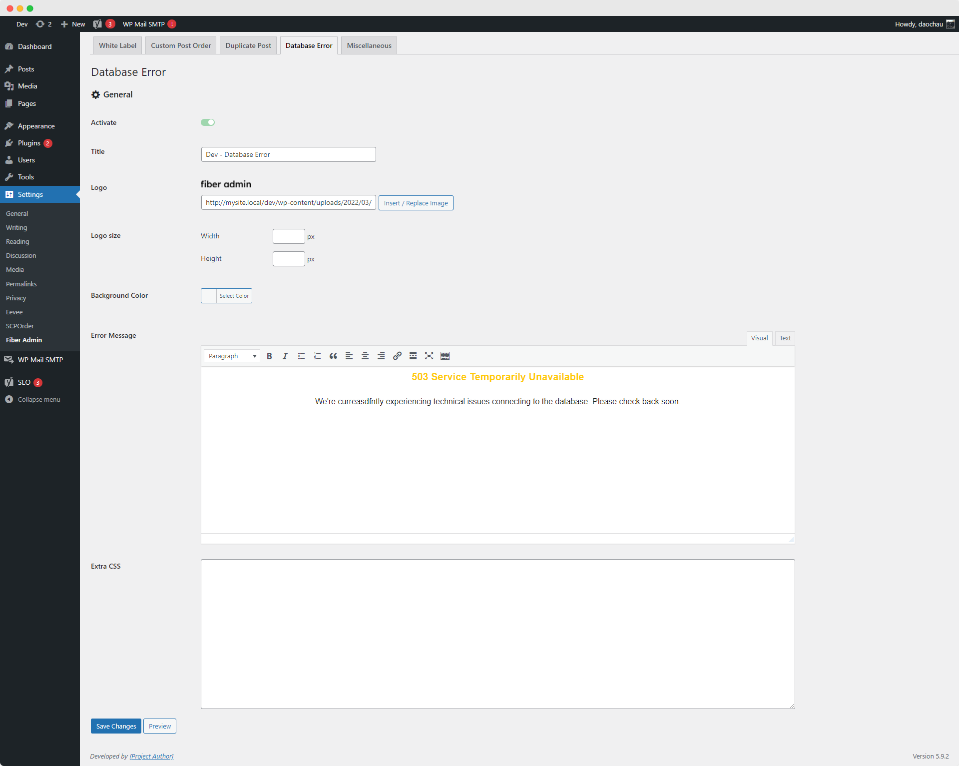 503 Database Error page settings.