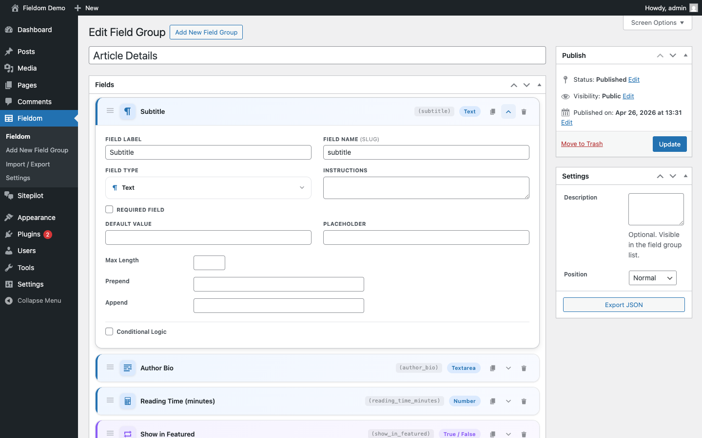Field Group Editor — field expanded. The "Subtitle" Text field is open, showing the two-column settings grid: label, slug, type picker, instructions, required toggle, default value, and placeholder.