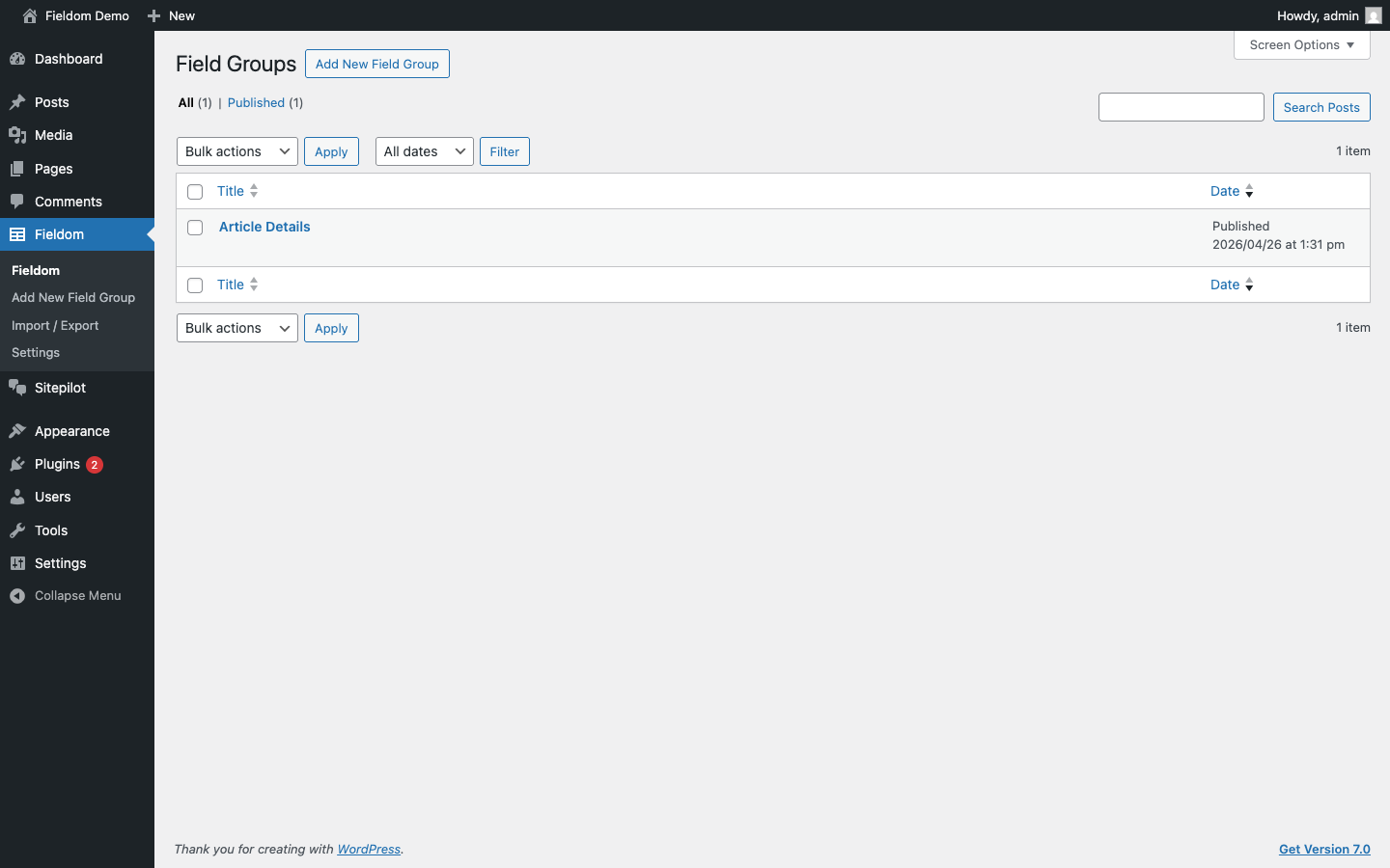 Field Groups list. The standard WordPress list table showing all published field groups at a glance.