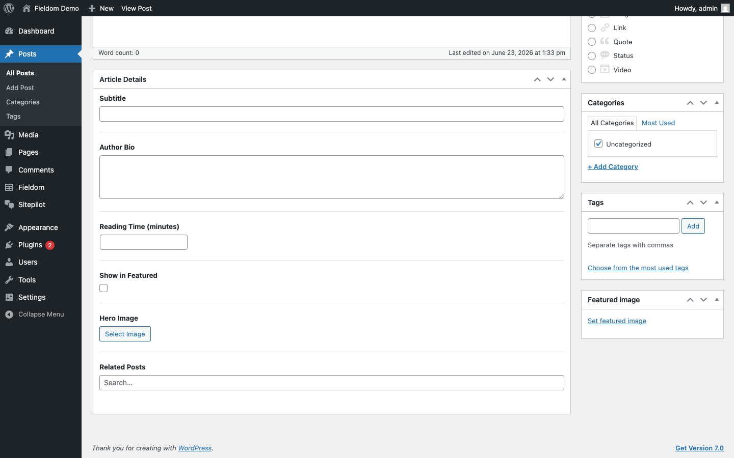 Post edit screen — custom meta box. Fieldom renders its fields as a standard WordPress meta box on the post editor, respecting location rules.