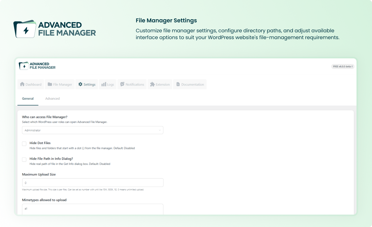 File Manager Configuration Settings.
