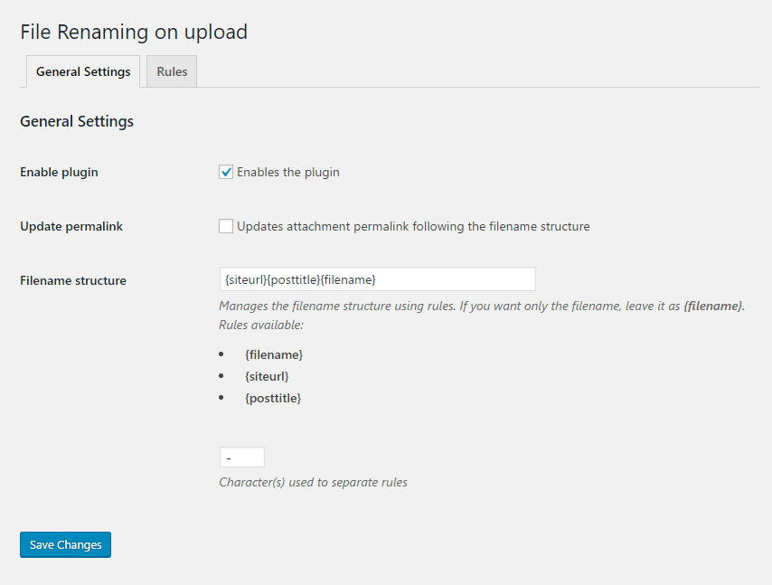 Nos ajustes gerais, configure como será o seu nome de arquivo usando a opção Estrutura do nome do arquivo, onde você possui algumas regras a sua disposição