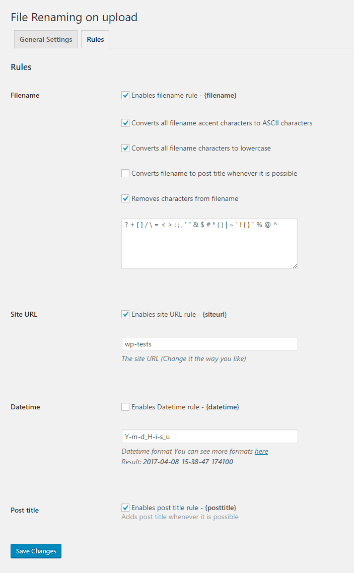 Setup how the rules will work on your filename