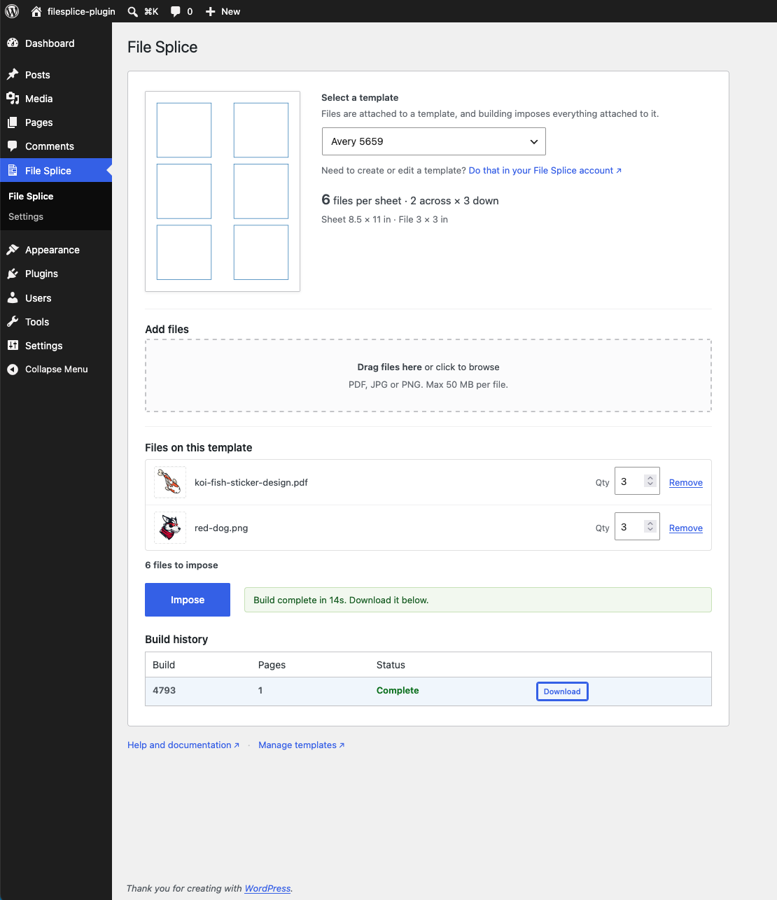 The main screen: sheet preview, template picker, attached files with quantities, and build history.