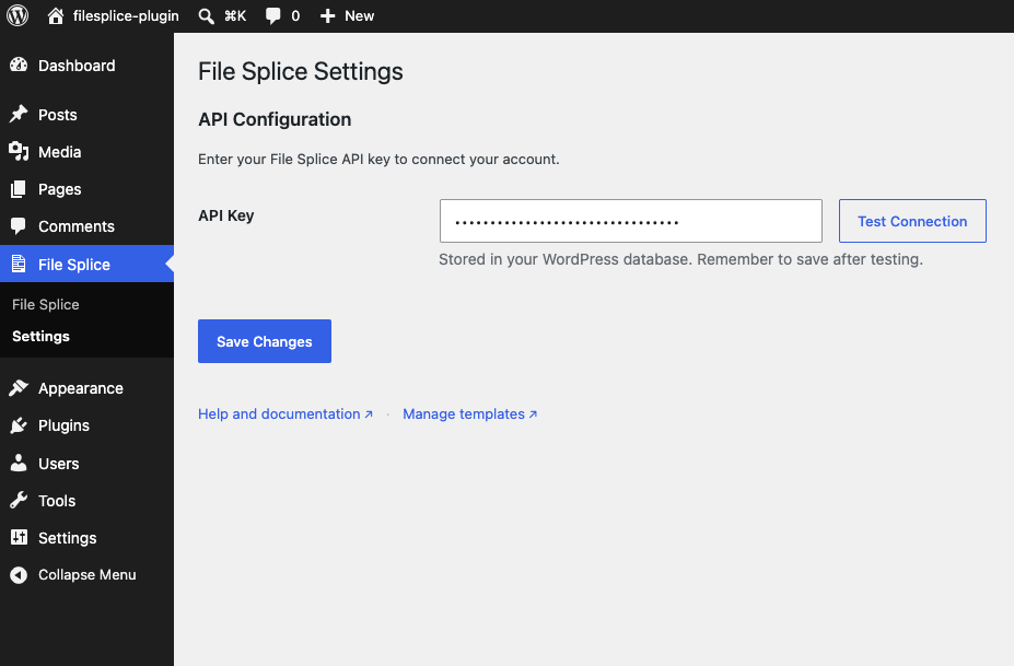 Settings: connecting your File Splice account with an API key.