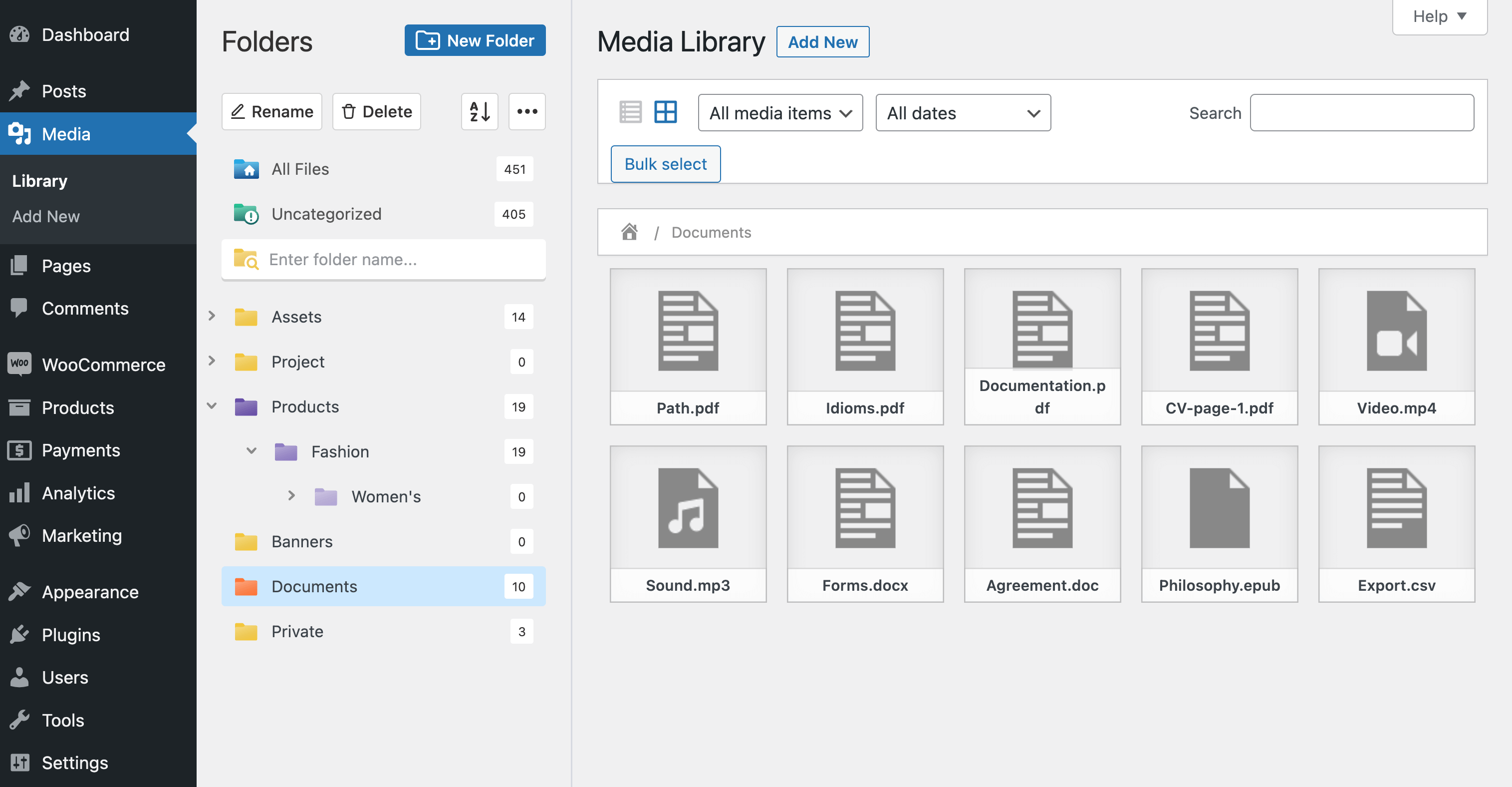 WordPress media library folders and <strong>Documents</strong> category