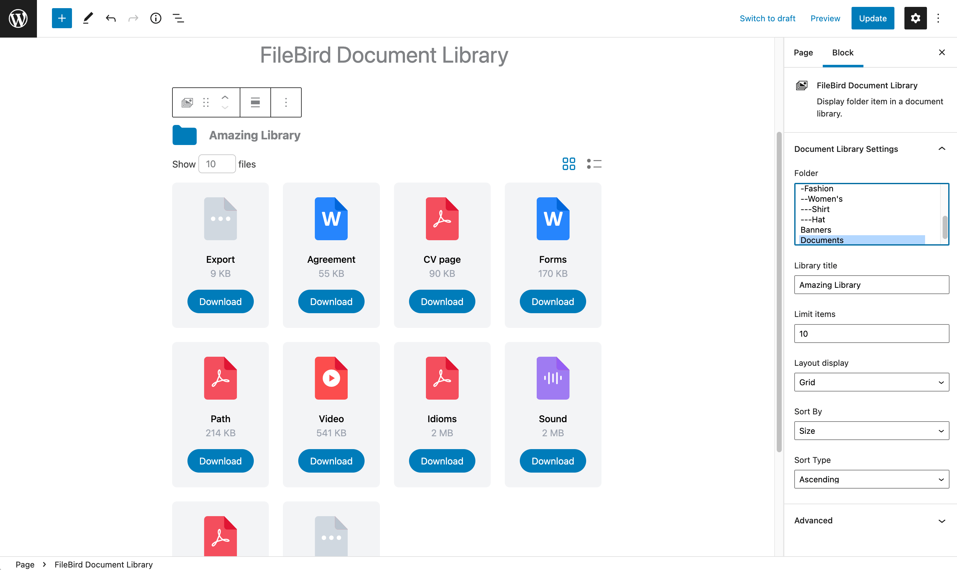 FileBird Document Library block in Gutenberg editor