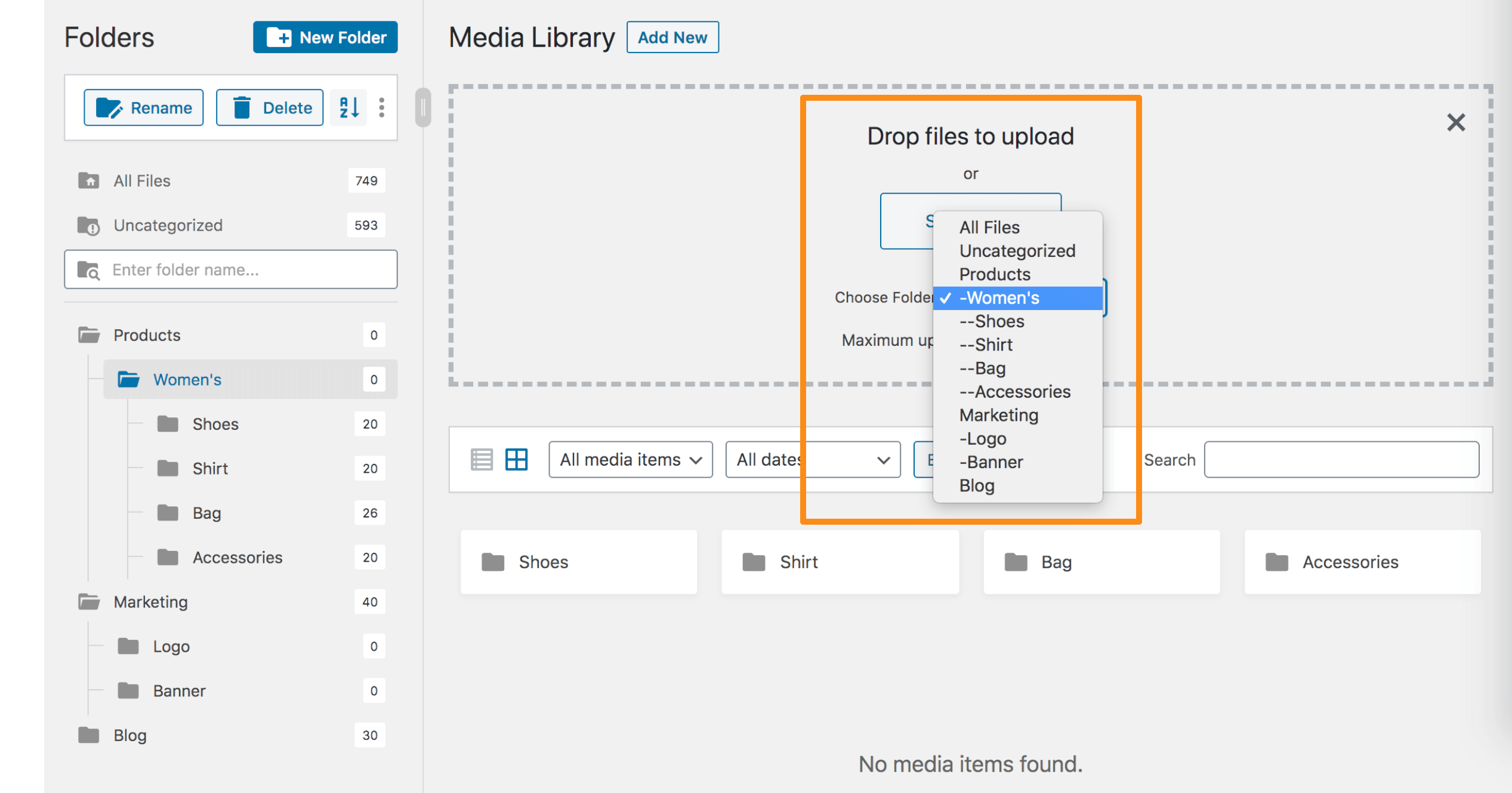 Upload files to a specific folder