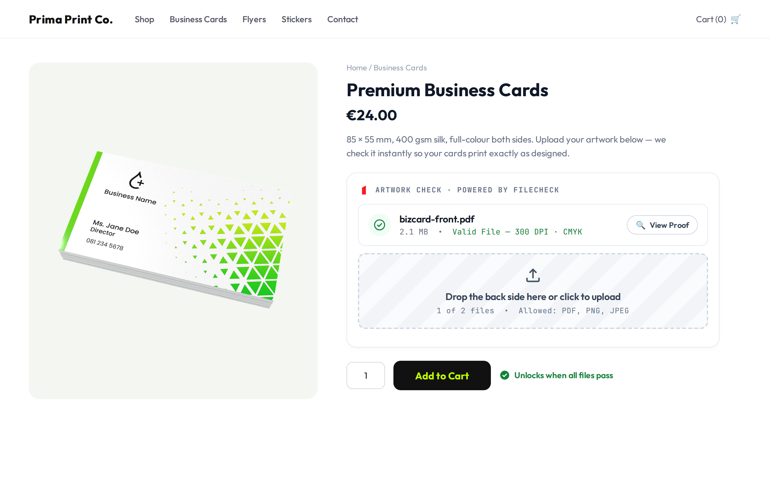 Preflight Element embedded inline on the WooCommerce product page — Add to Cart unlocks when files pass.