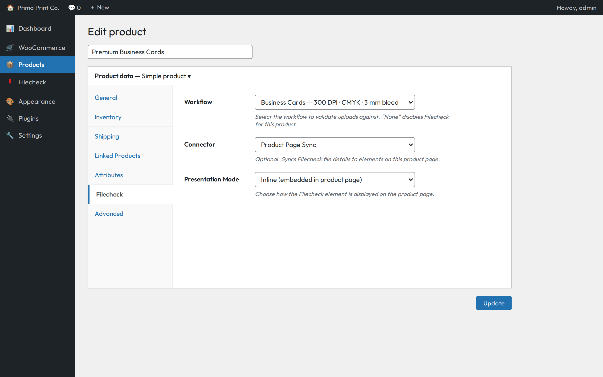 Per-product Filecheck panel with workflow, connector, and presentation overrides.