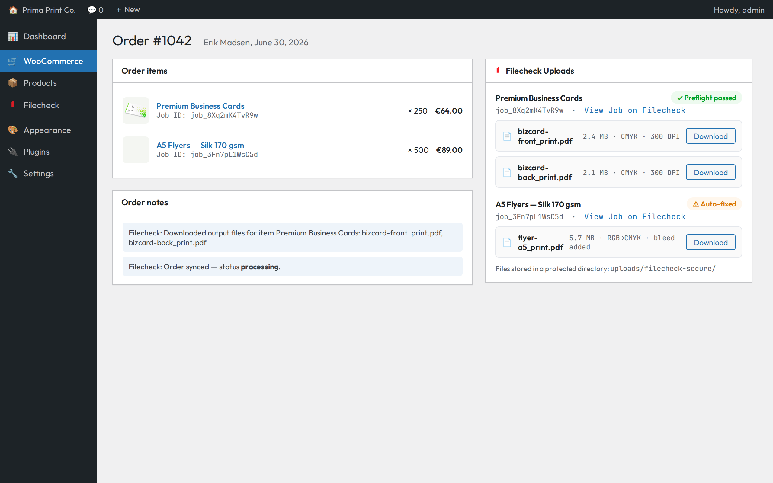 Order details metabox showing preflight results and secure production file downloads.