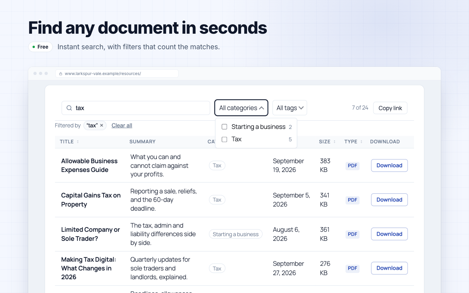 Searchable document table — instant search, with a category filter that counts the matches
