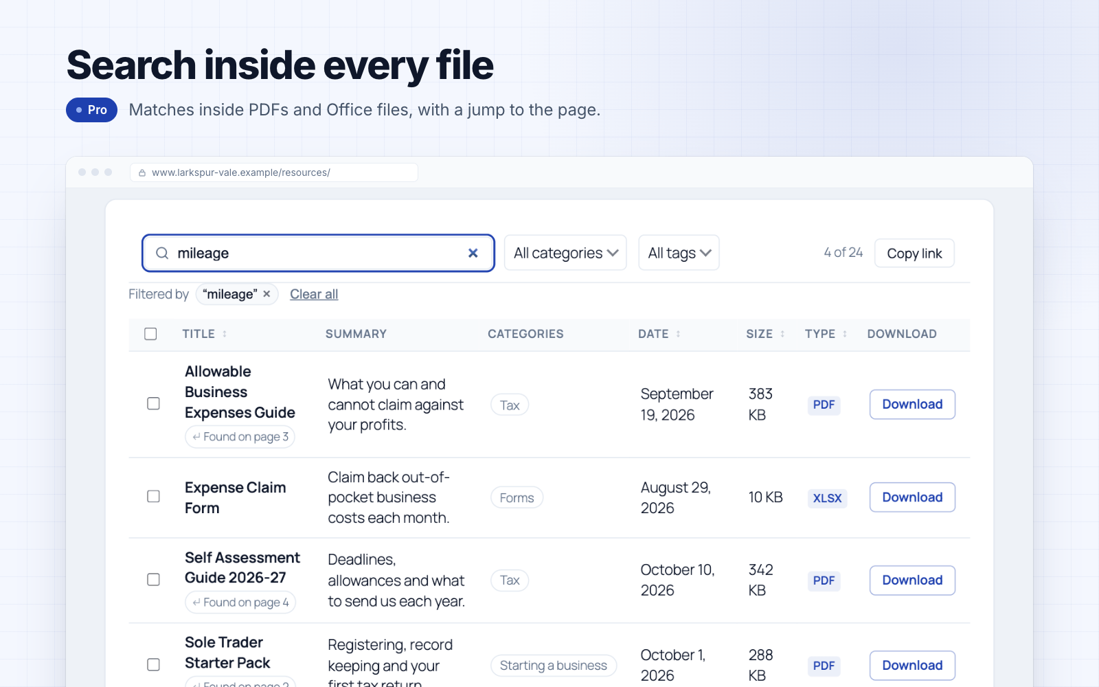 Full-text search inside your PDFs and Office files — jump to the exact page a match is on (Pro)