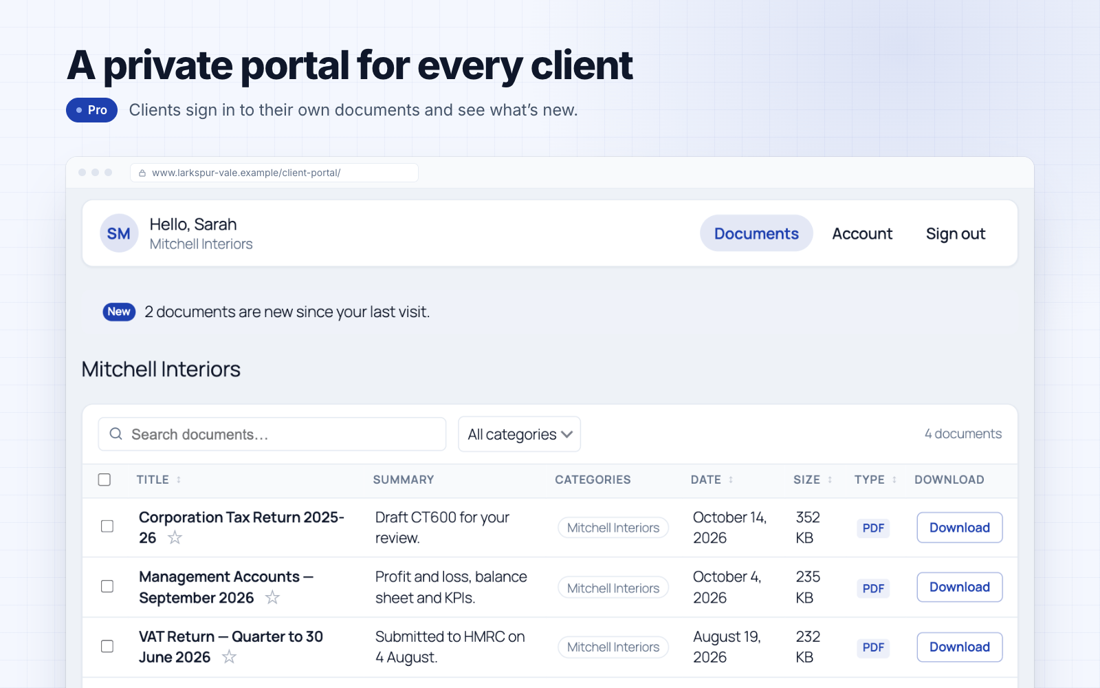 Client portal — what a client sees after signing in: their own documents, and what is new since their last visit (Pro)