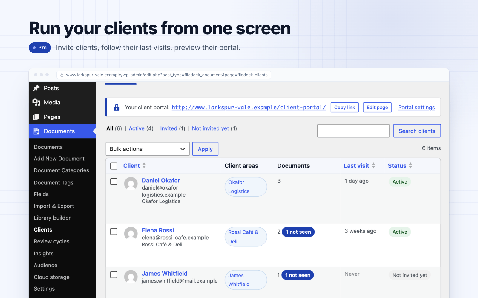Documents → Clients — add clients, follow invitations and last visits, and preview the portal as a client (Pro)