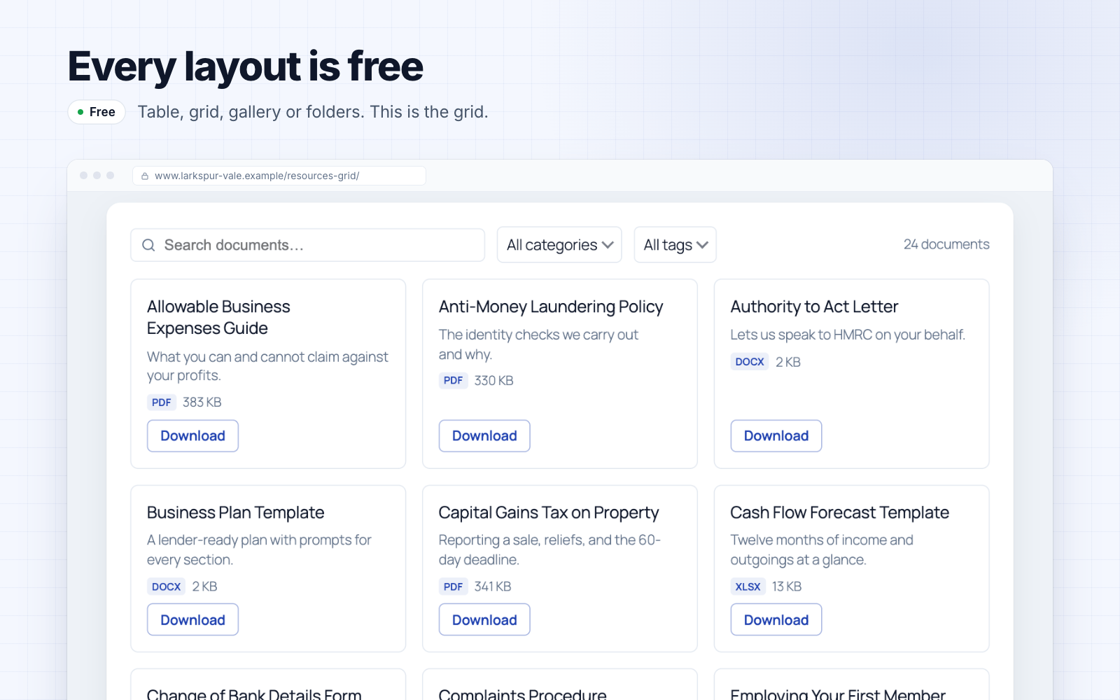 Grid layout with file type badges