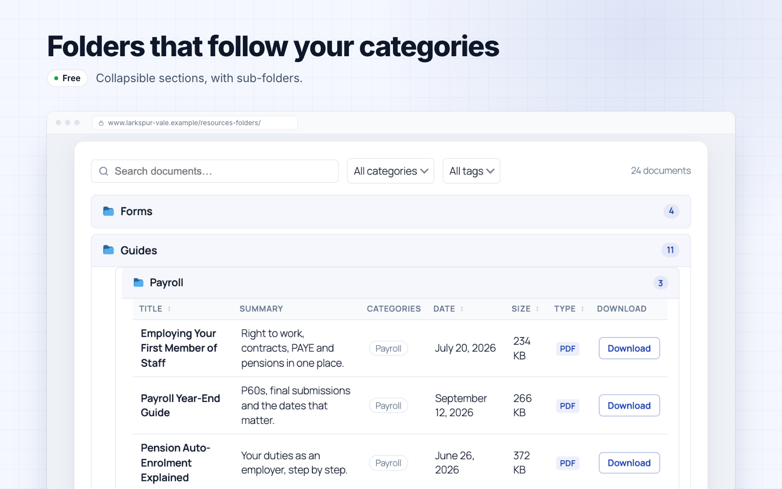 Collapsible folder layout — documents grouped by category, with sub-folders