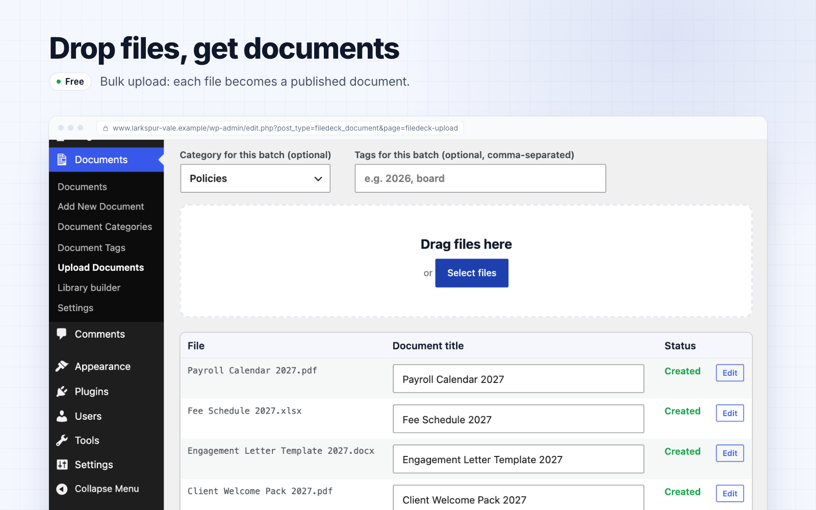 Drag-and-drop bulk upload — drop files and each becomes a document
