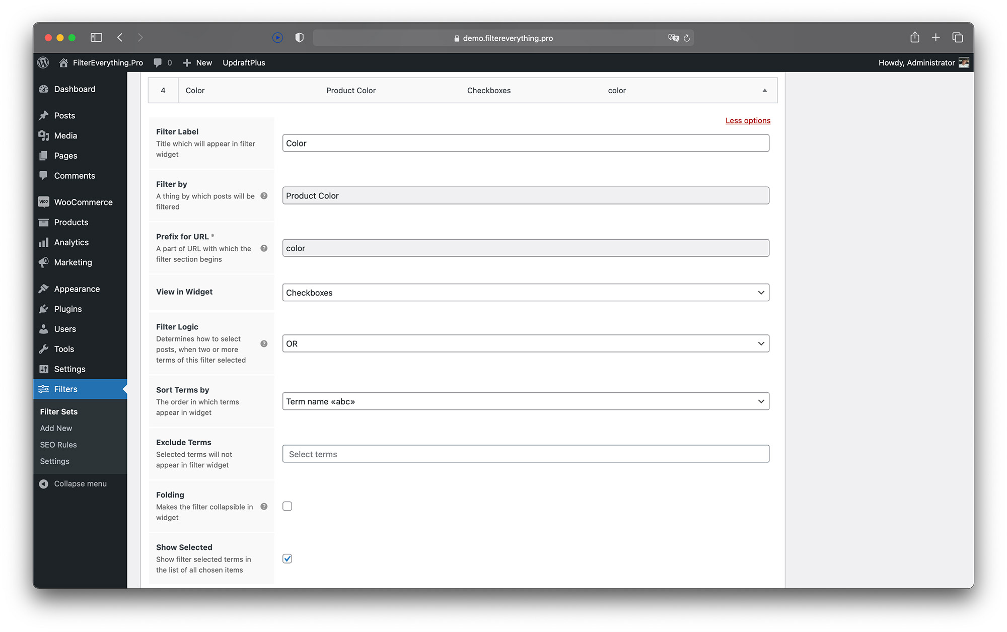 Single filter fields