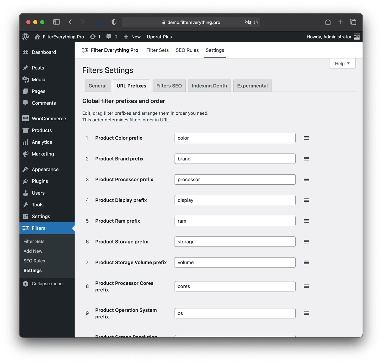 URL prefixes settings