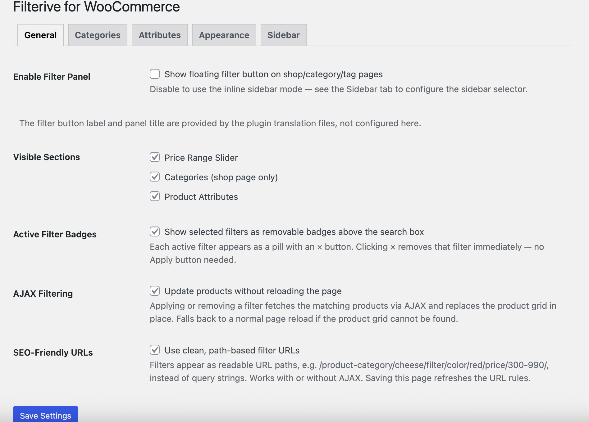 Settings — General tab (filter modes, AJAX filtering, SEO-friendly URLs).