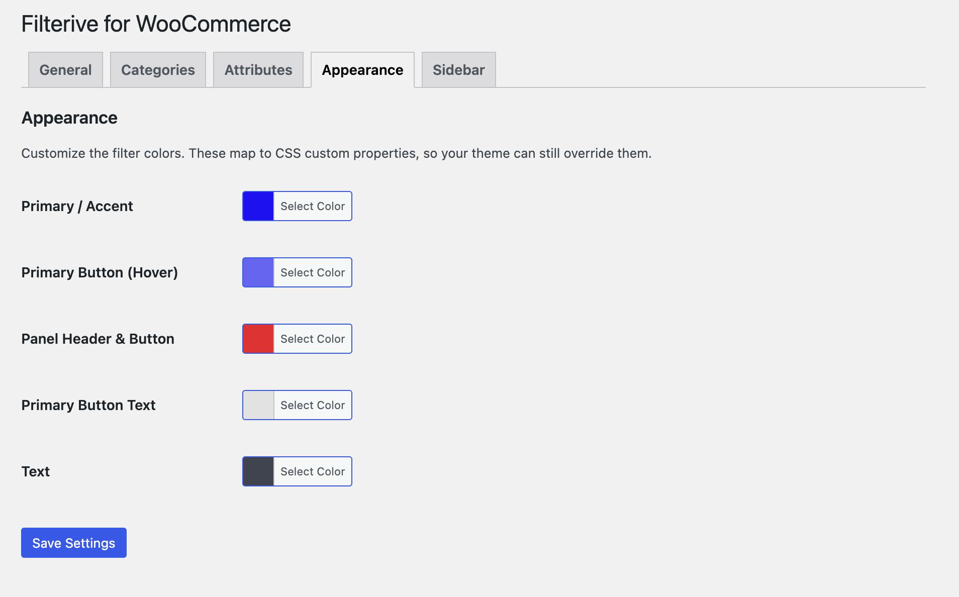 Settings — Appearance tab (customize the filter colors).
